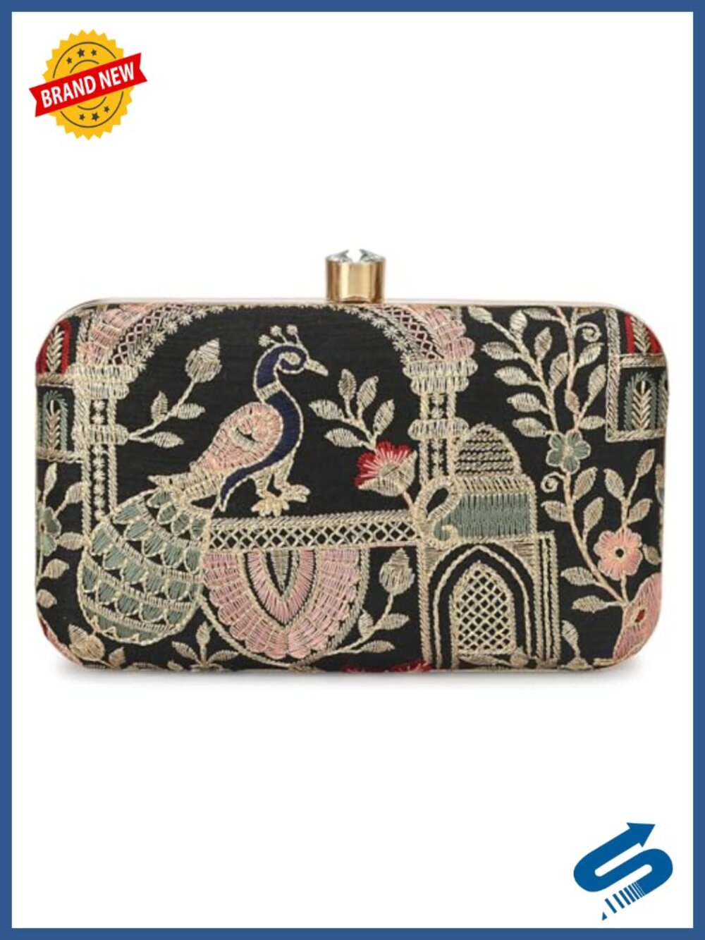 Embroidered Box Clutch Evening Bag with Crystal Clasp & Chain Strap